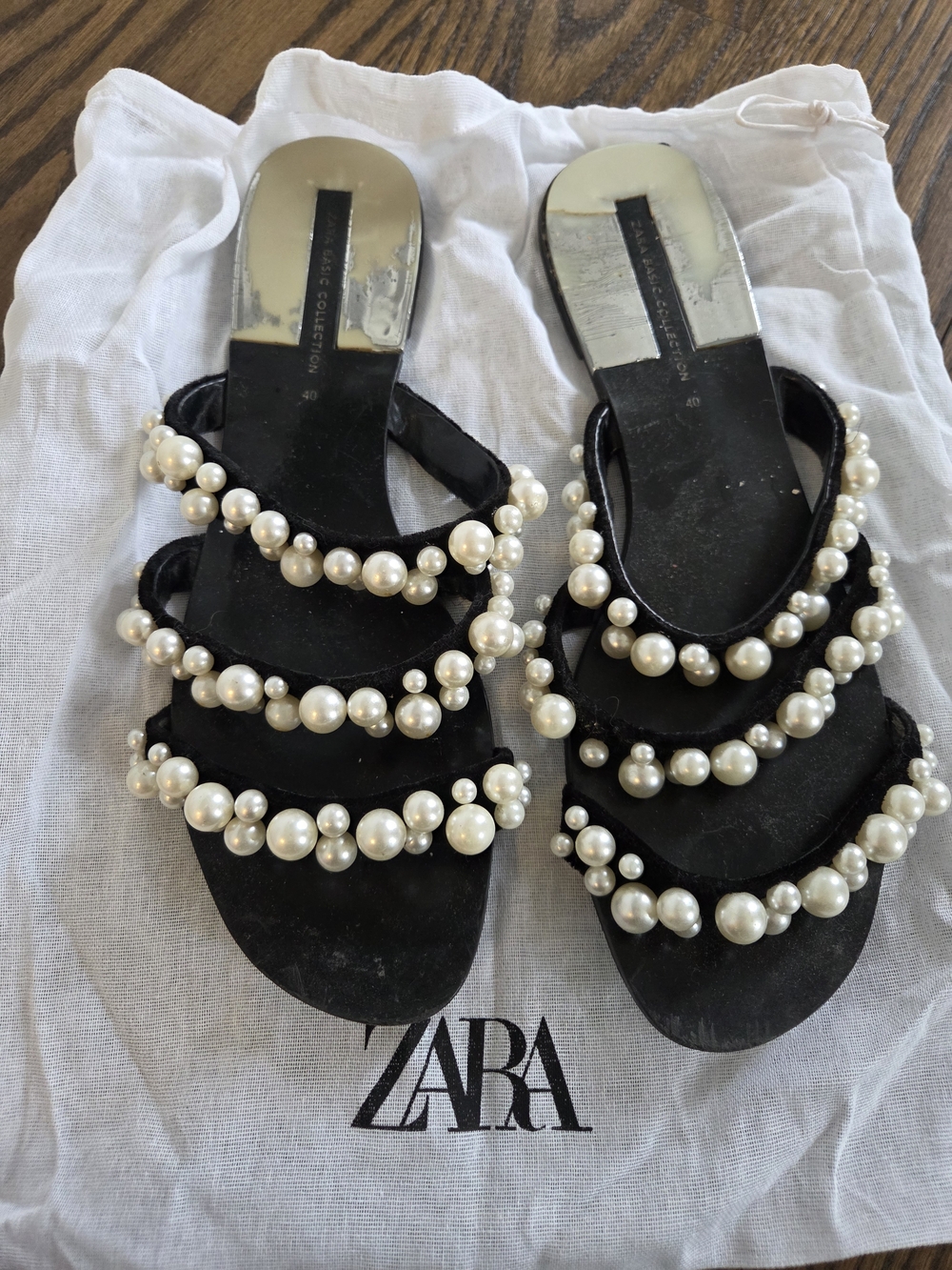 Zara Black Multi-Strap Flat Sandals with Pearl Accents